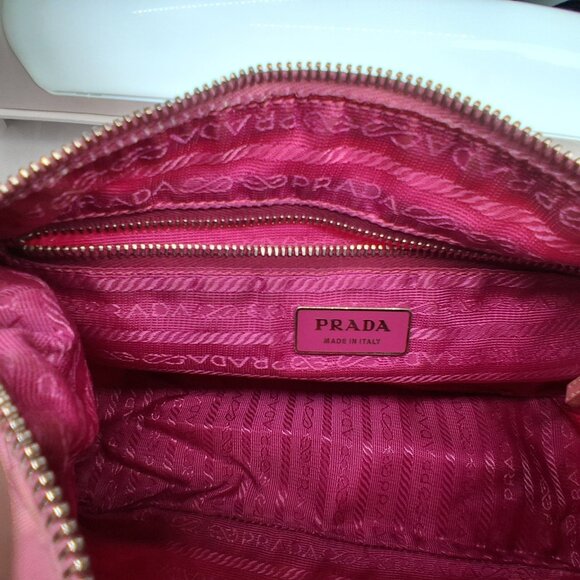 Vintage Prada Hobo Handbag Bubblegum Pink Nylon with Leather Trim Small Size - Picture 9 of 13